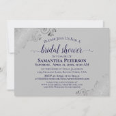 Invitation Dentelle argentée Marine Bleu & Gris Elégante Fête (Devant)