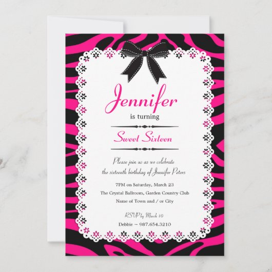 Invitation Dentelle avec/ Hot rose et noir Zebra Stripes Swee (Devant)