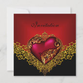 Invitation Dentelle Black Gold Deep Red Heart Jewel Party (Devant)
