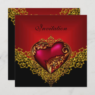 Invitation Dentelle Black Gold Deep Red Heart Jewel Party