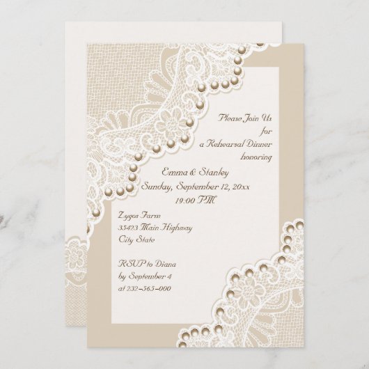 Invitation Dentelle blanche avec perles dîner de répétition m (Devant / Derrière)
