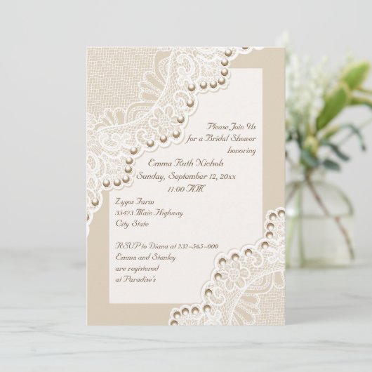 Invitation Dentelle blanche avec perles mariage douche nuptia (Debout devant)