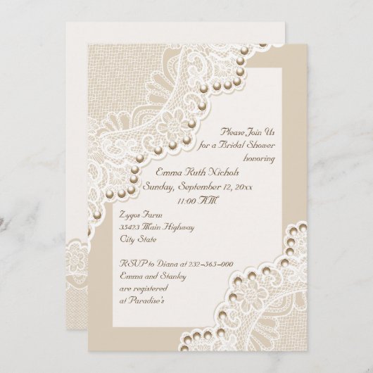 Invitation Dentelle blanche avec perles mariage douche nuptia (Devant / Derrière)