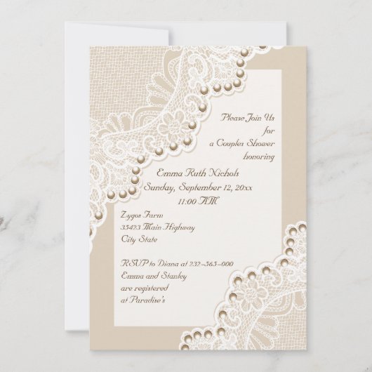 Invitation Dentelle blanche avec perles mariages couples douc (Devant)