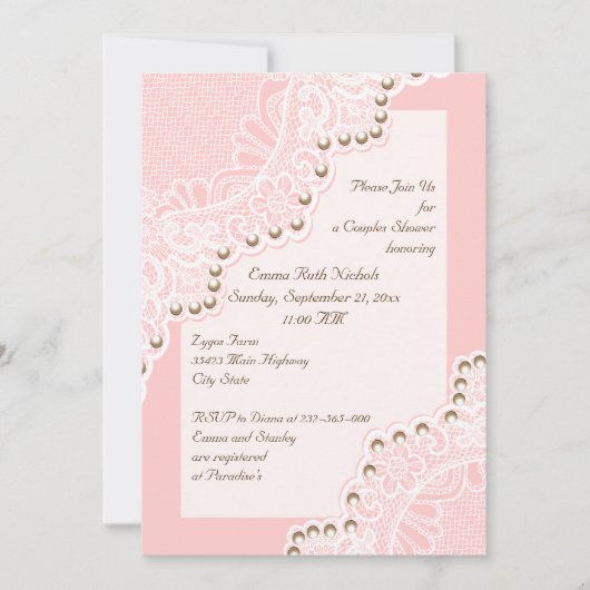 Invitation dentelle blanche avec perles rose mariage couple d (Devant)