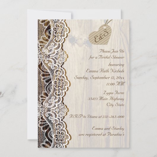 Invitation Dentelle blanche & coeur sur bois mariage douche n (Devant)