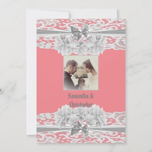 Invitation Dentelle blanche Dusty rose mariage photo invitati (Dos)