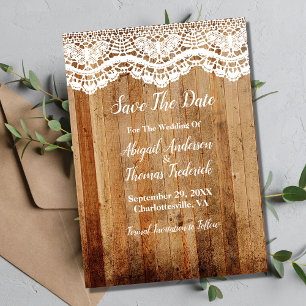 Invitation Dentelle blanche en bois rustique du pays Enregist