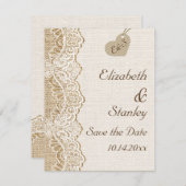 Invitation Dentelle blanche et coeur sur burlap mariage Enreg (Devant / Derrière)