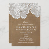 Invitation Dentelle blanche et daim Brown Rustique Chic Maria (Devant / Derrière)