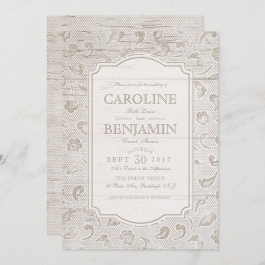 Invitation Dentelle blanche et mariage campagnard rustique en (Devant / Derrière)