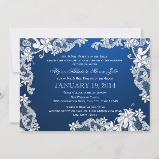 Invitation Dentelle blanche et Mariage de saphir profond (Devant)