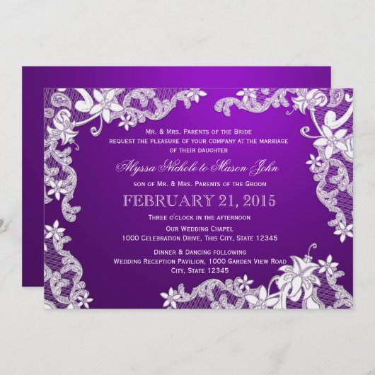 Invitation Dentelle blanche et Mariage violet (Devant / Derrière)