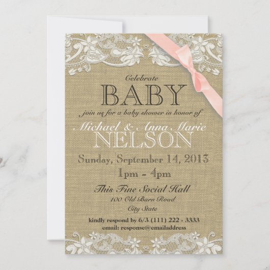 Invitation Dentelle blanche florale et Baby shower cabot rose (Devant)