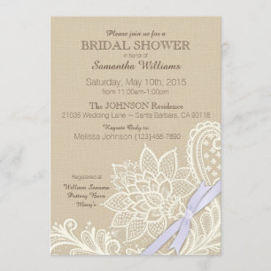 Invitation Dentelle blanche lin et Fête des mariées ruban lav