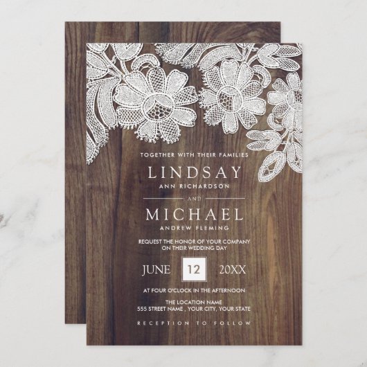 Invitation Dentelle blanche | Mariage en bois de grange (Devant / Derrière)
