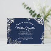 Invitation dentelle blanche marine bleu mariage réception (Debout devant)