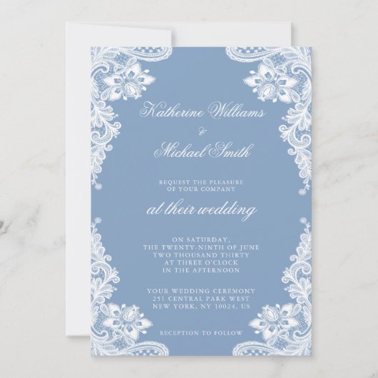 Invitation Dentelle Blanche Romantique Et Mariage Bleu Invita (Devant)