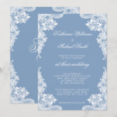 Invitation Dentelle Blanche Romantique Et Mariage Bleu Invita (Devant / Derrière)