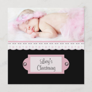 Invitation Dentelle blanche rose fille rose noire photo baptê