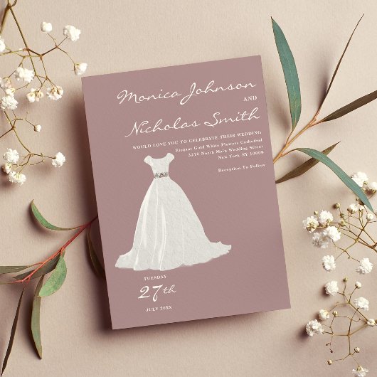 Invitation Dentelle blanche rose mauve mariage robe chic mari