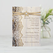 Invitation Dentelle blanche, ruban, fleur et mariage en bois (Debout devant)