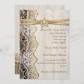 Invitation Dentelle blanche, ruban, fleur et mariage en bois (Devant / Derrière)