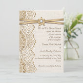 Invitation Dentelle blanche, ruban, fleur & mariage de burlap (Debout devant)