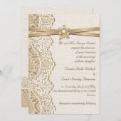 Invitation Dentelle blanche, ruban, fleur & mariage de burlap (Devant / Derrière)