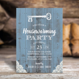 Invitation Dentelle blanche rustique Dusty Blue House Party