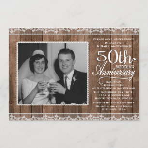 Invitation Dentelle blanche rustique et bois 50e anniversaire