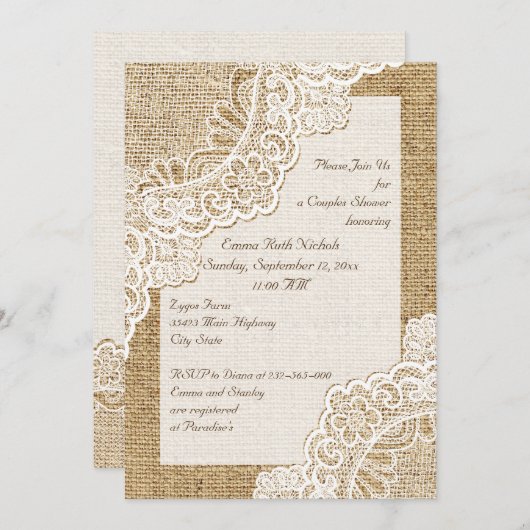 Invitation Dentelle blanche rustique sur burlap mariage coupl (Devant / Derrière)