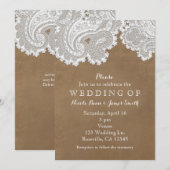 Invitation Dentelle Blanche & Suède Marron Mariage Chic Rusti (Devant / Derrière)