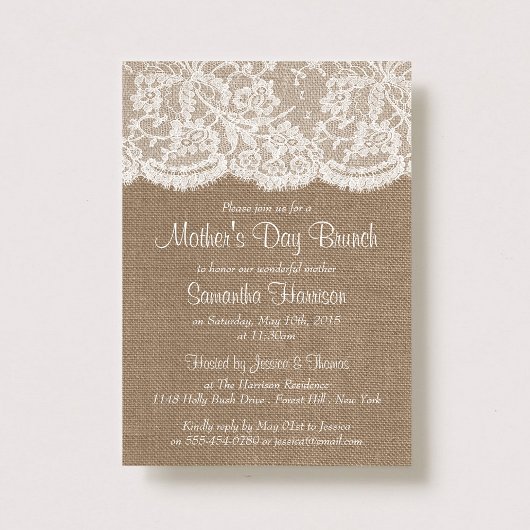 Invitation Dentelle blanche sur Burlap Rustique Brunch de la 