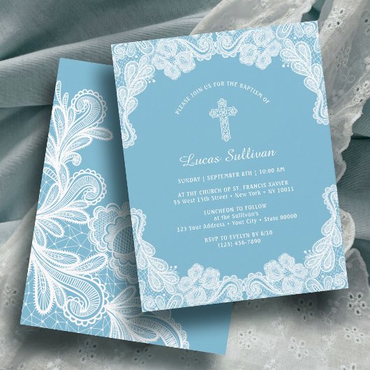 Invitation Dentelle blanche sur Pastel Baptême bleu Invitatio