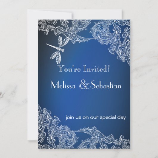 Invitation Dentelle blanche sur Royal Blue Dragonlies (Devant)
