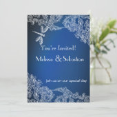 Invitation Dentelle blanche sur Royal Blue Dragonlies (Debout devant)