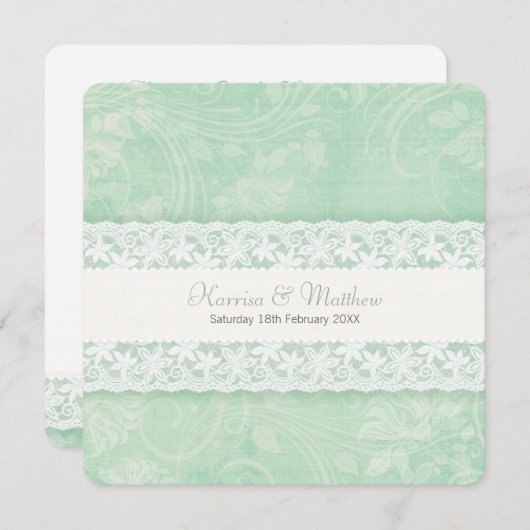 Invitation Dentelle blanche verte mariage mariées parents inv (Devant / Derrière)