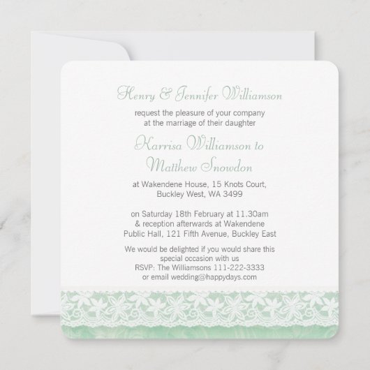 Invitation Dentelle blanche verte mariage mariées parents inv (Dos)