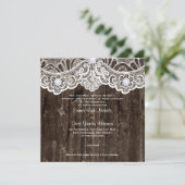 Invitation Dentelle blanche vintage sur bois brun mariage (Debout devant)