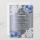 Invitation Dentelle bleu argent 25e anniversaire mariage luxe (Devant)