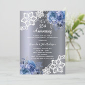 Invitation Dentelle bleu argent 25e anniversaire mariage luxe (Debout devant)