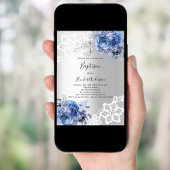 Invitation Dentelle bleu argent floraux Baptême