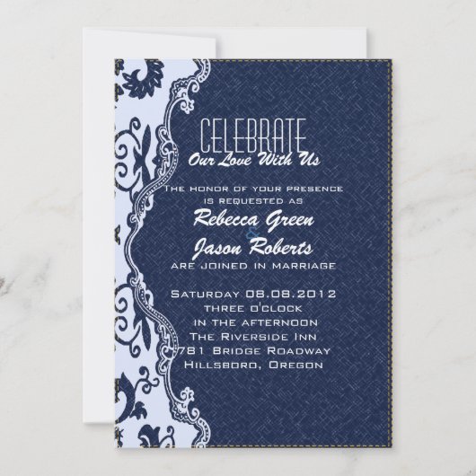 Invitation dentelle bleu moderne mariage campagnard floral (Devant)