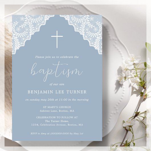 Invitation Dentelle bleue Dusty | Baptême