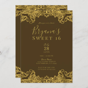 Invitation Dentelle Brown et or Élégante Sweet 16 Party
