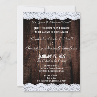 Invitation Dentelle chic romantique et bois foncé rustique