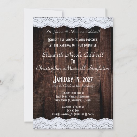 Invitation Dentelle chic romantique et bois foncé rustique (Devant)