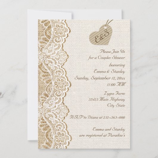 Invitation Dentelle & coeur sur burlap mariage couples douche (Devant)
