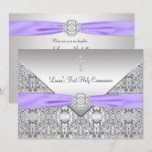 Invitation Dentelle Croix Filles Purple Première Communion (Devant / Derrière)